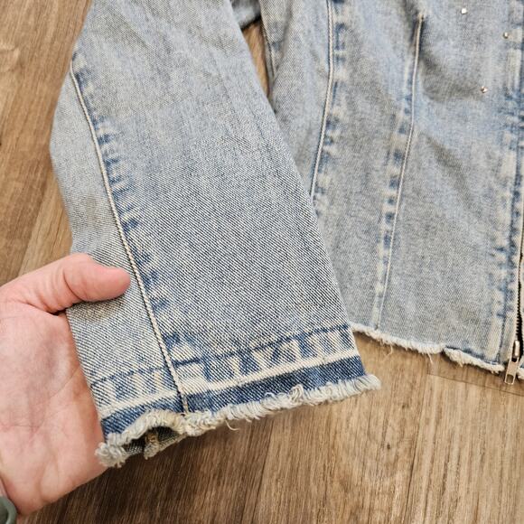 Vtg Express Denim Jacket Womens L Raw Hem Rhinestones 90s Festival Scene Grunge - Picture 4 of 9